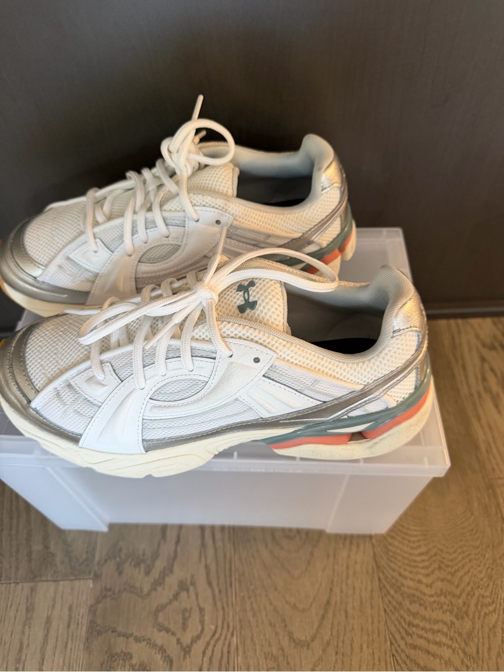 Under Armour White and Silver Athletic Sneakers with Coral Accent